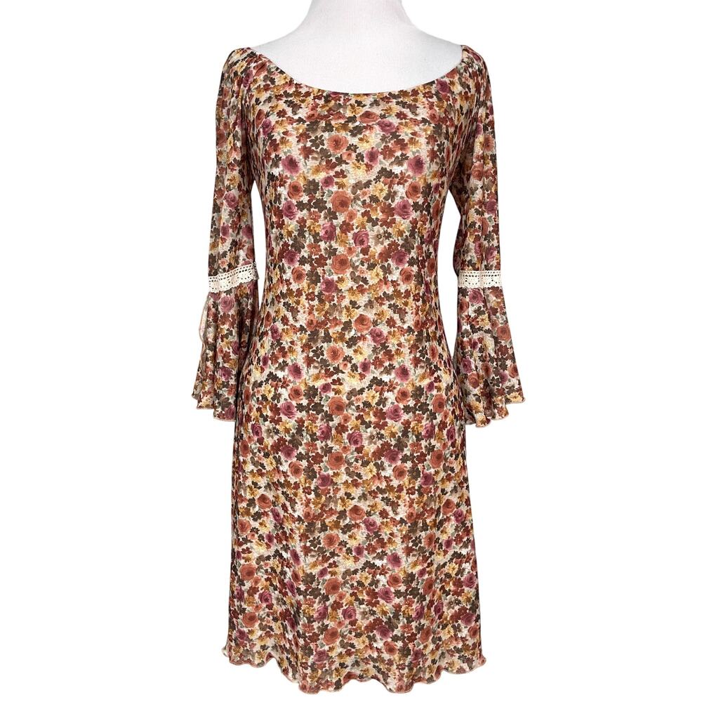 Vintage City Triangles Bell Sleeve Floral Dress S Boho Hippie Indie 70s Festival